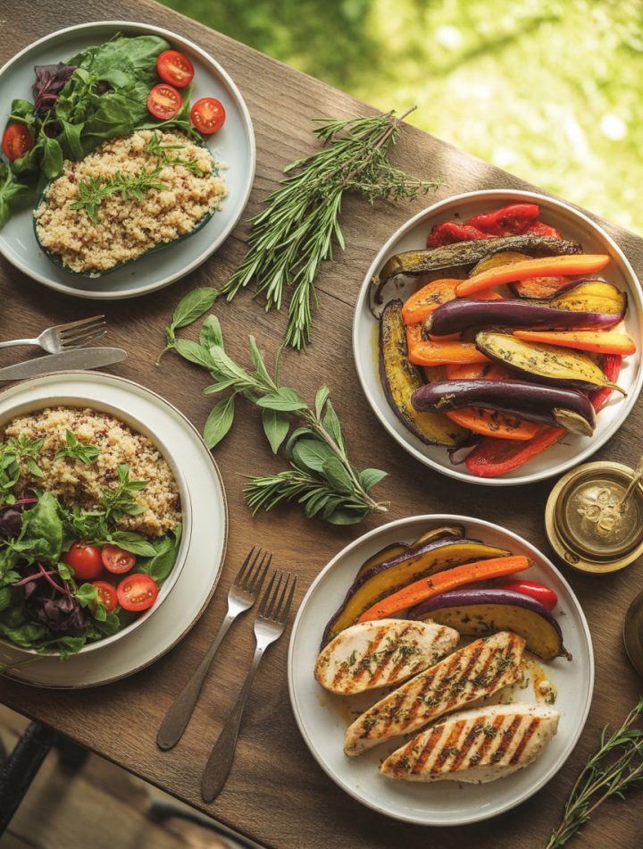 Healthy clean eating dinner recipes spread on family dining table with colorful vegetables and wholesome meals