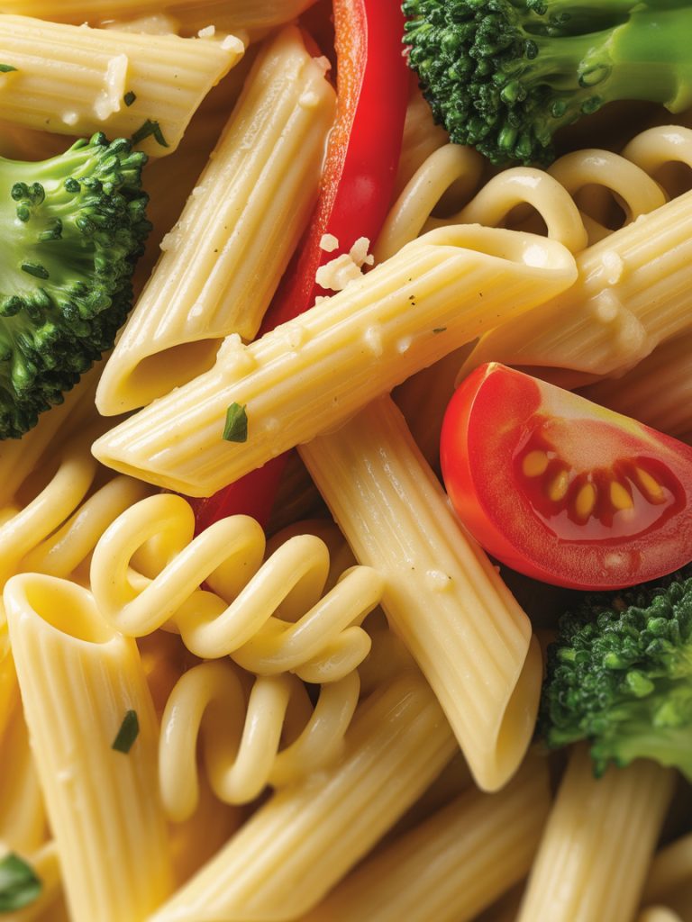 Macro close-up of pasta primavera showing pasta, vegetables and sauce texture with vibrant colors
