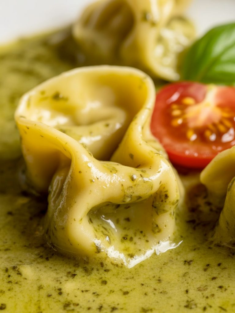 Macro close-up of single tortellini coated in glossy green pesto sauce showing texture detail