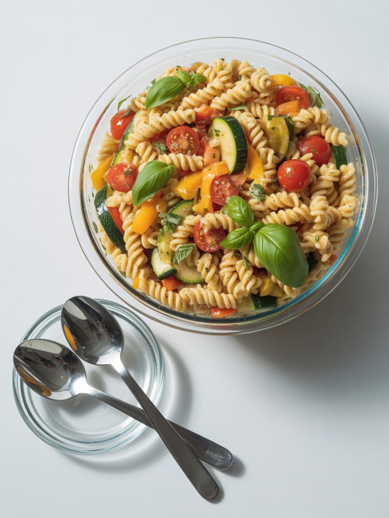 Cold pasta primavera salad in glass bowl with colorful vegetables for picnic or potluck