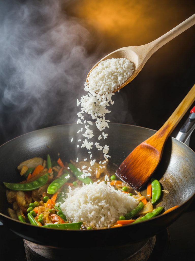 old white rice being added to hot wok with vegetables creating steam for fried rice