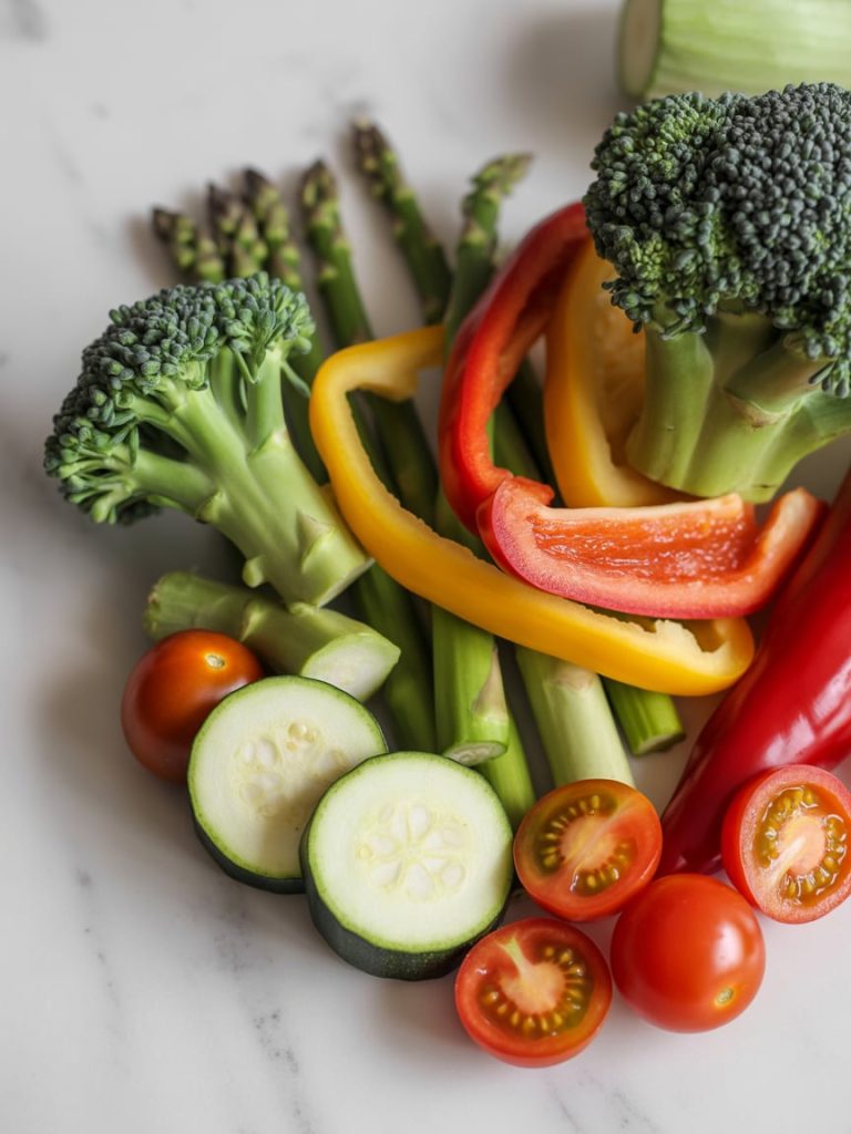 Assortment of fresh colorful vegetables including broccoli, asparagus, bell peppers, zucchini and tomatoes
