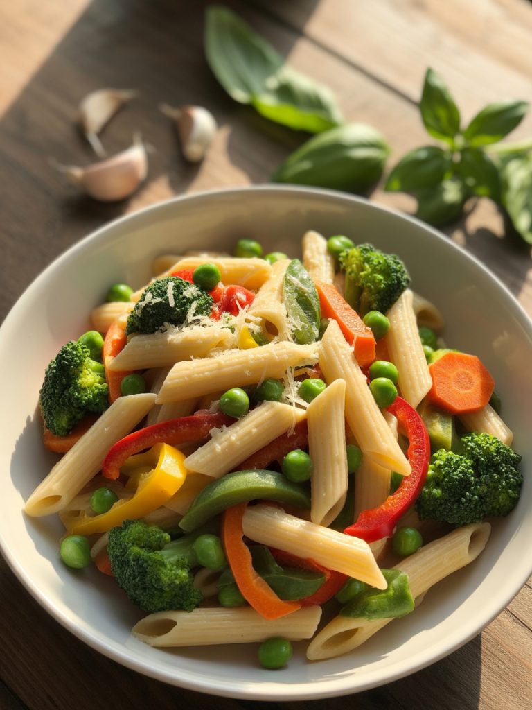 Pasta primavera with colorful mixed vegetables garlic parmesan cheese cheap healthy family dinner recipe