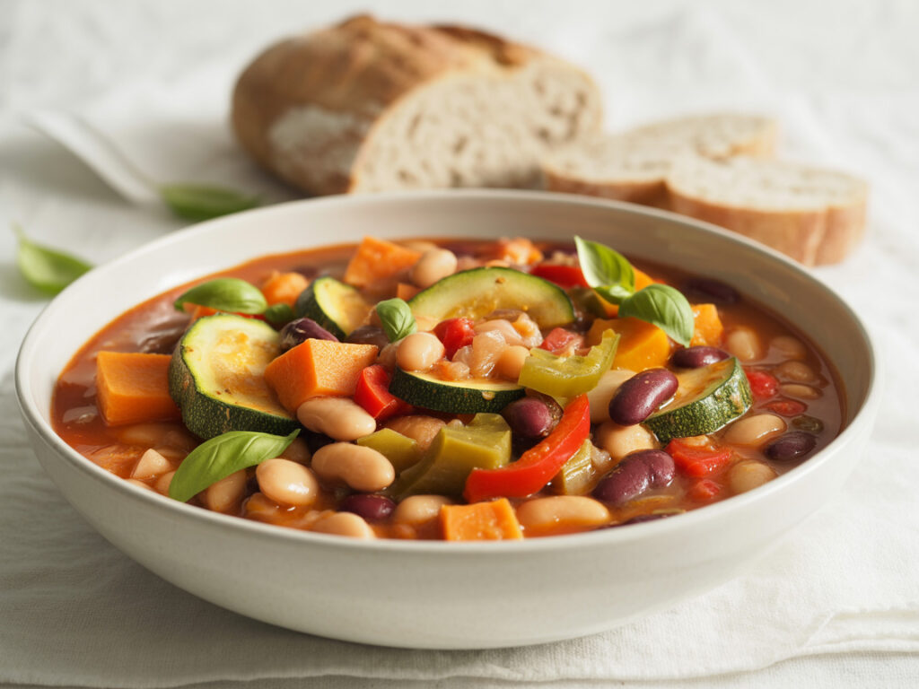 Vegetarian bean and vegetable stew with sweet potatoes and colorful vegetables