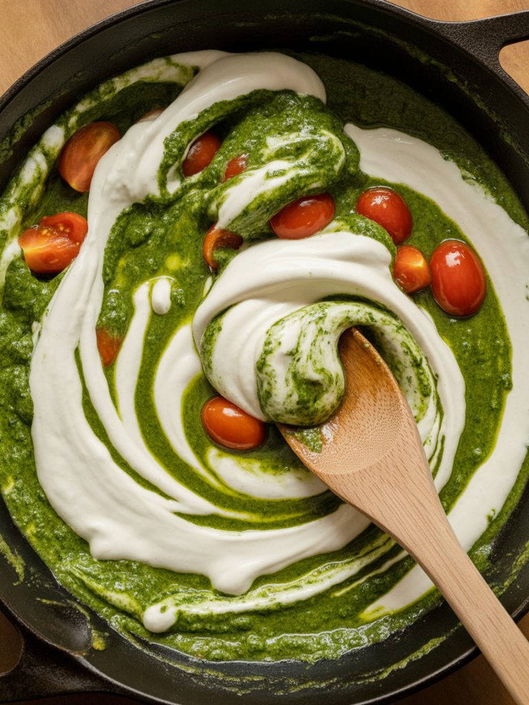 Pesto and cream creating marbled green and white swirls in skillet being stirred together