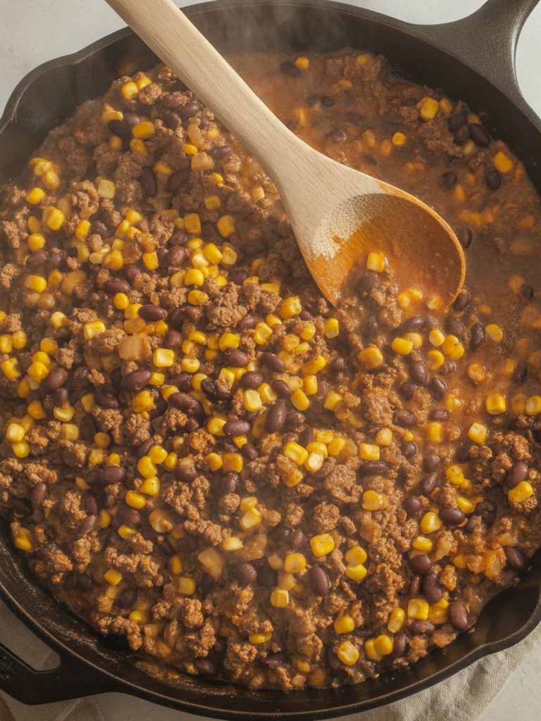 Finished taco filling in skillet with seasoned ground meat, black beans, and yellow corn kernels mixed together