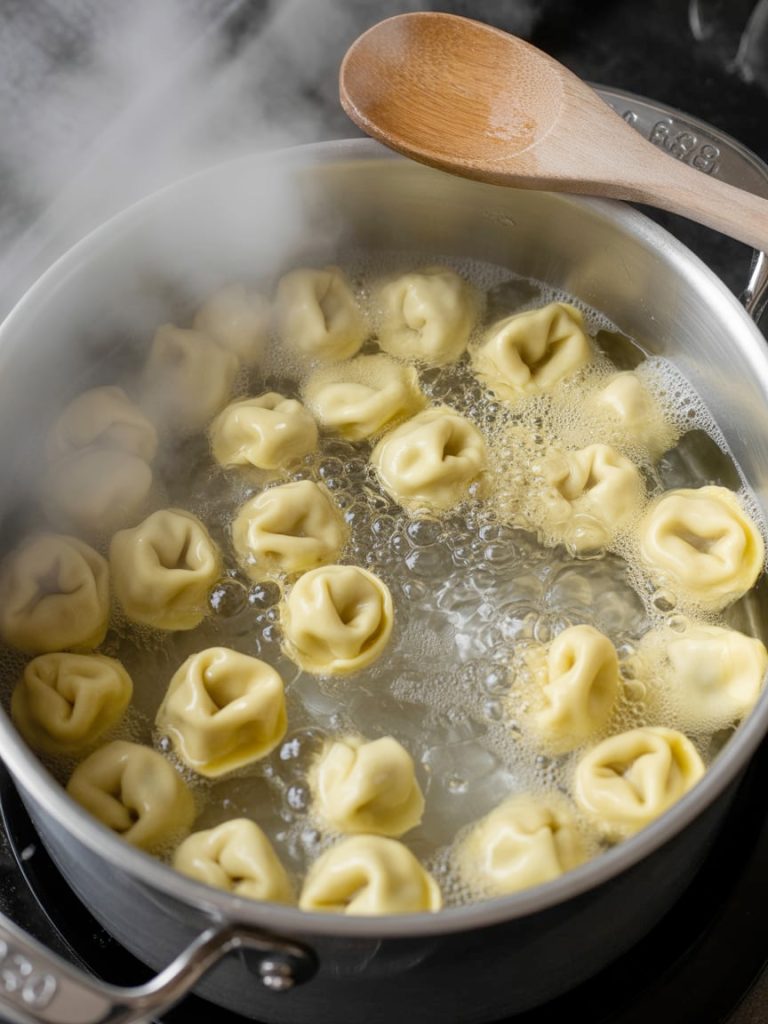 Cheese tortellini cooking in pot of boiling water with steam rising and wooden spoon