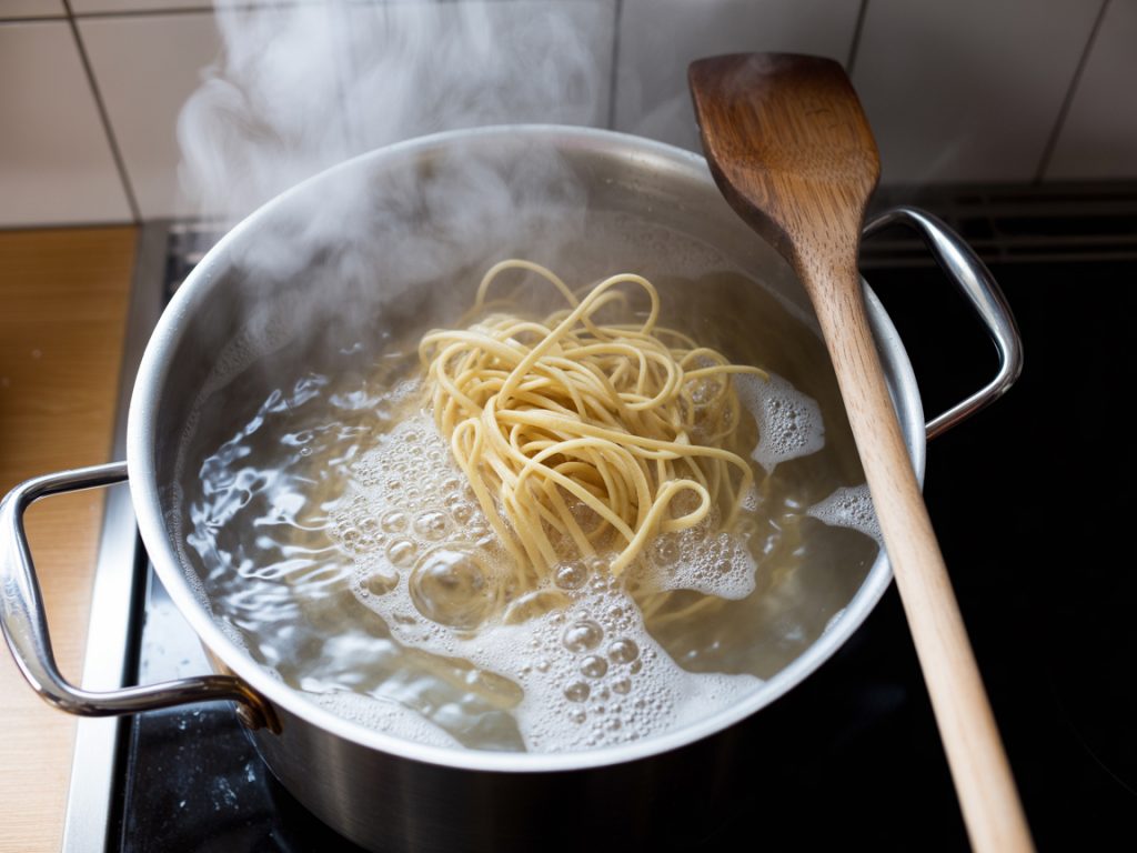 Large pot of boiling water with linguine pasta cooking on stovetop with steam rising