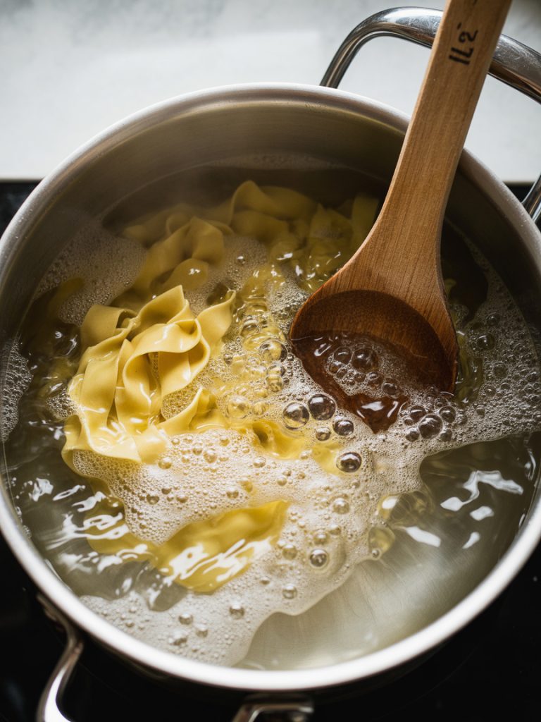 Pasta cooking in large pot of boiling salted water with steam rising and wooden spoon