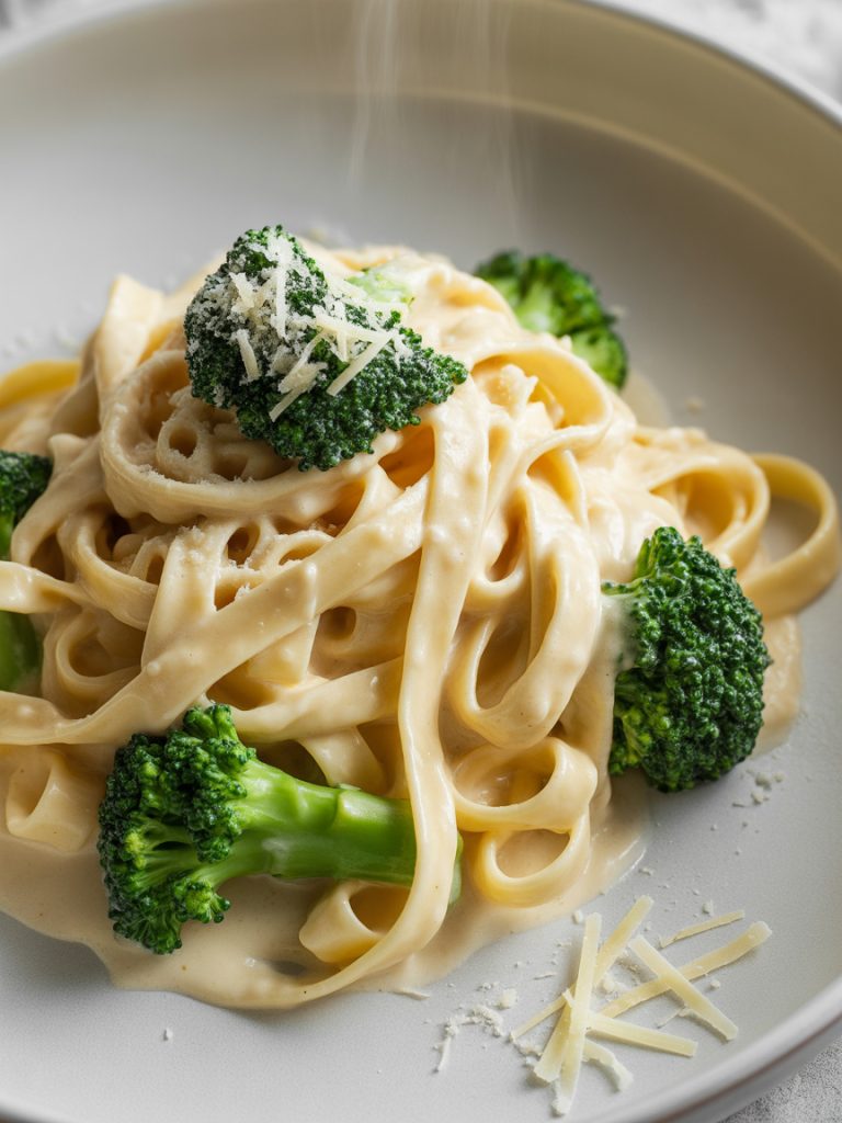 Fettuccine alfredo with broccoli florets in creamy white sauce with parmesan cheese