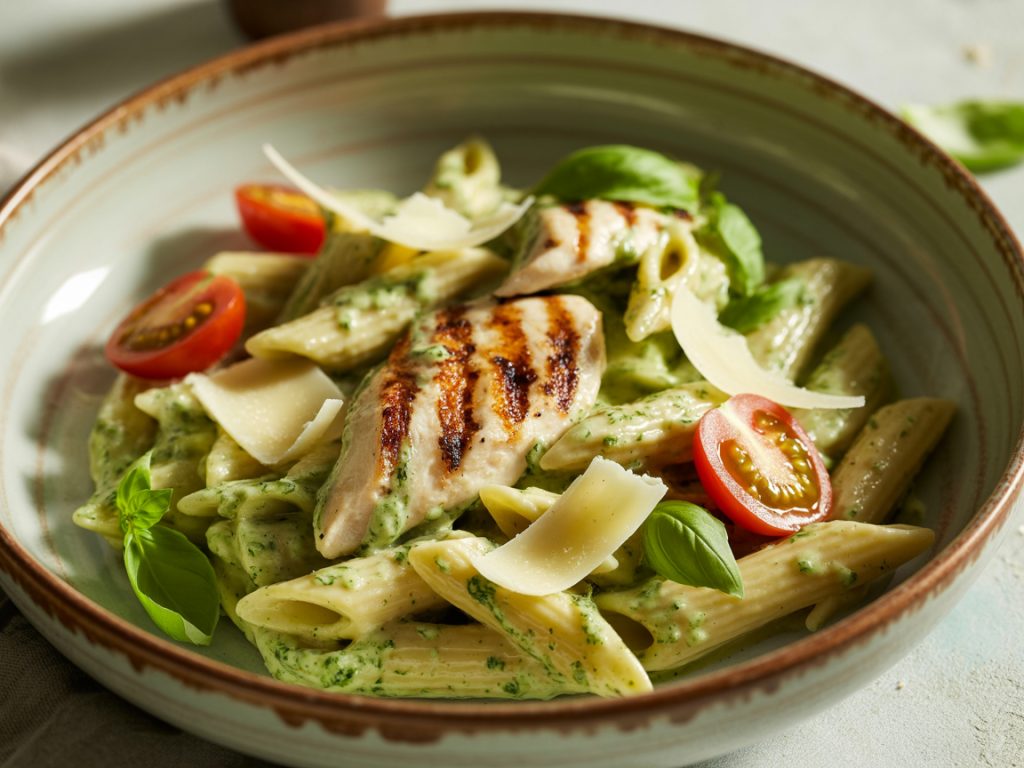 Creamy pesto pasta with grilled chicken and cherry tomatoes in rustic bowl