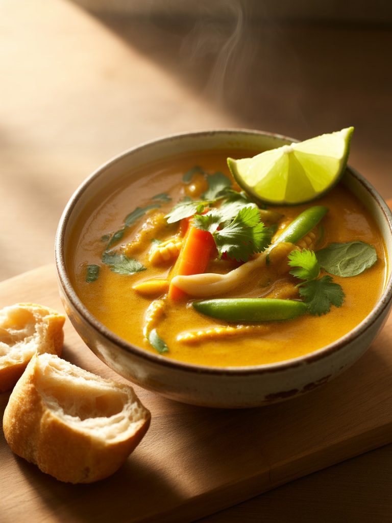 Vegan coconut curry soup with vegetables and crusty bread