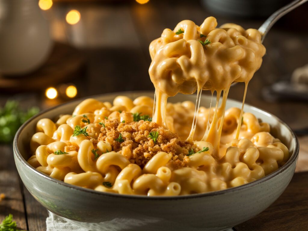 Creamy homemade mac and cheese with melted cheddar in white bowl