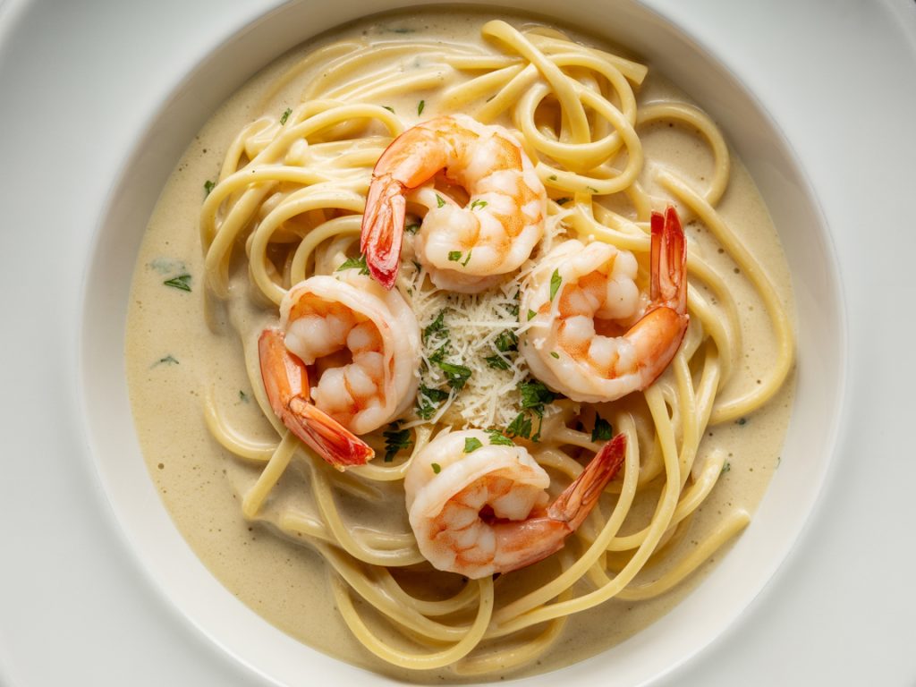 Creamy version of garlic butter shrimp pasta with rich ivory cream sauce coating linguine and shrimp