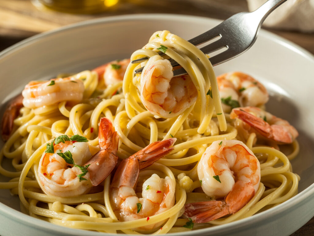Plate of garlic butter shrimp pasta with fresh parsley and red pepper flakes