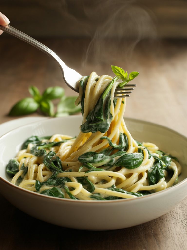 Simple vegan garlic pasta with fresh spinach in white bowl, ready to eat
