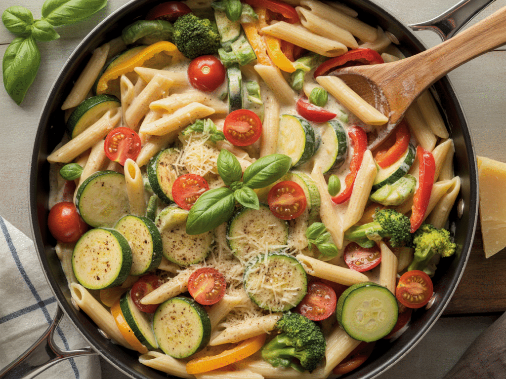One-pot pasta primavera with colorful vegetables, creamy sauce, and parmesan cheese in a skillet