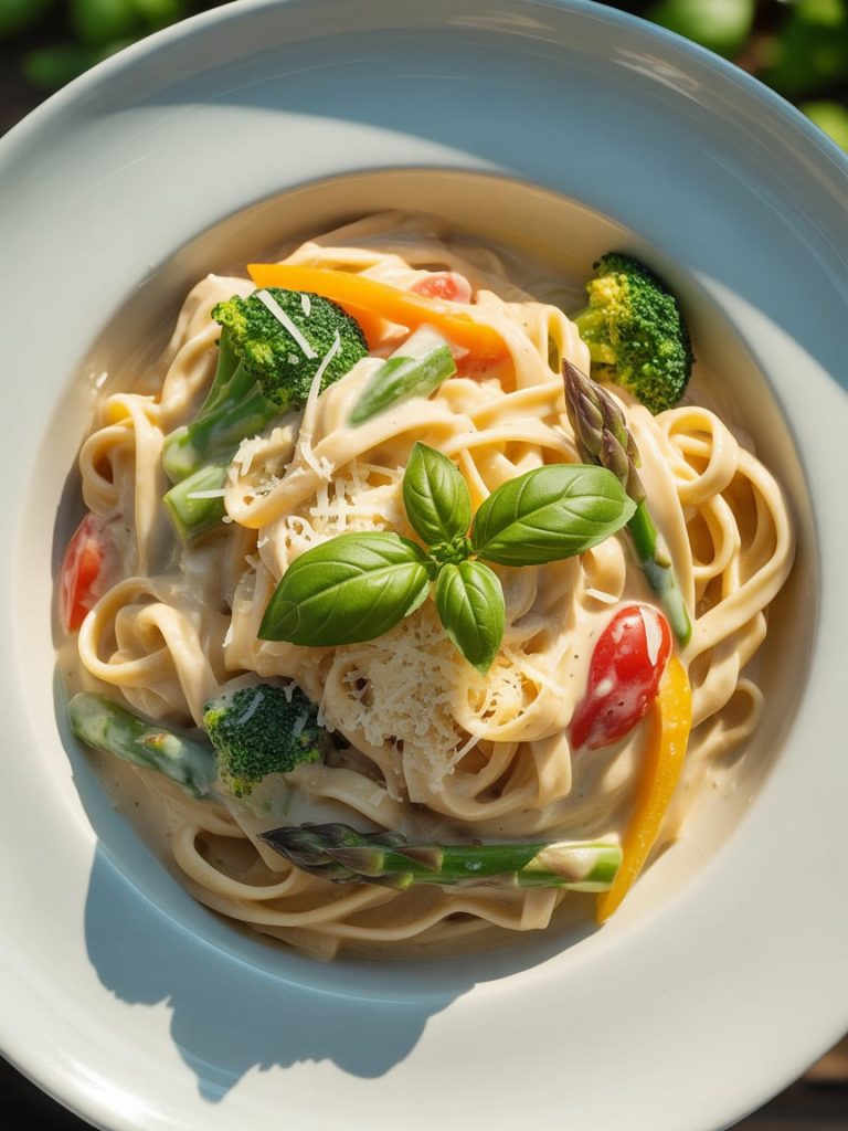 Pasta primavera with light cream sauce coating colorful vegetables in white bowl