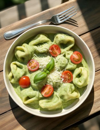 White bowl of creamy pesto tortellini with green sauce, red cherry tomatoes, fresh basil and parmesan on wooden table