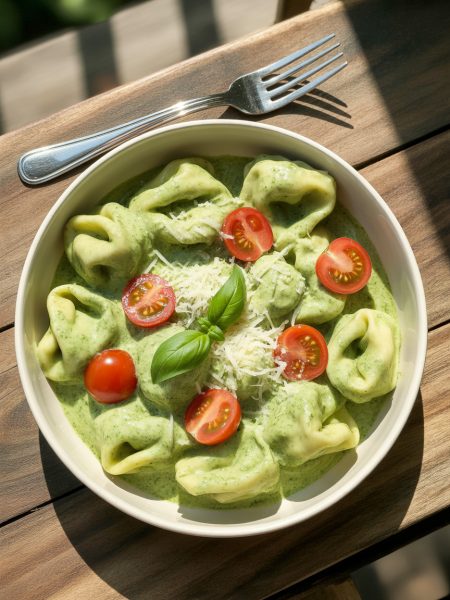 White bowl of creamy pesto tortellini with green sauce, red cherry tomatoes, fresh basil and parmesan on wooden table