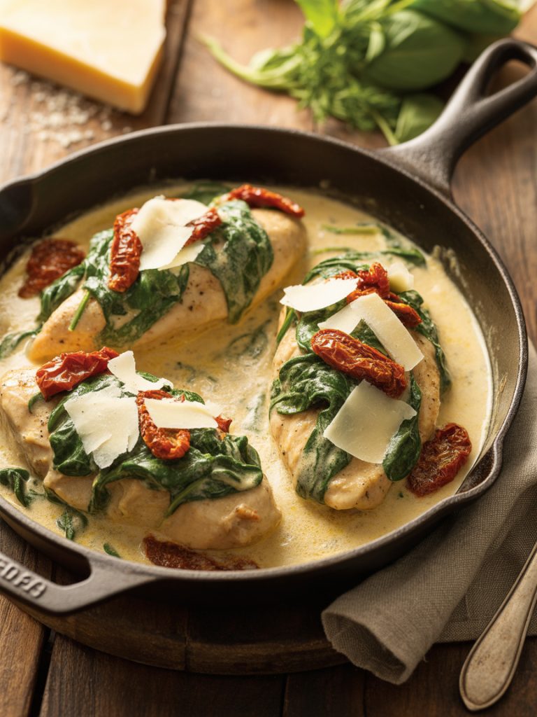 Creamy Tuscan chicken with sun-dried tomatoes and spinach in a cast iron skillet
