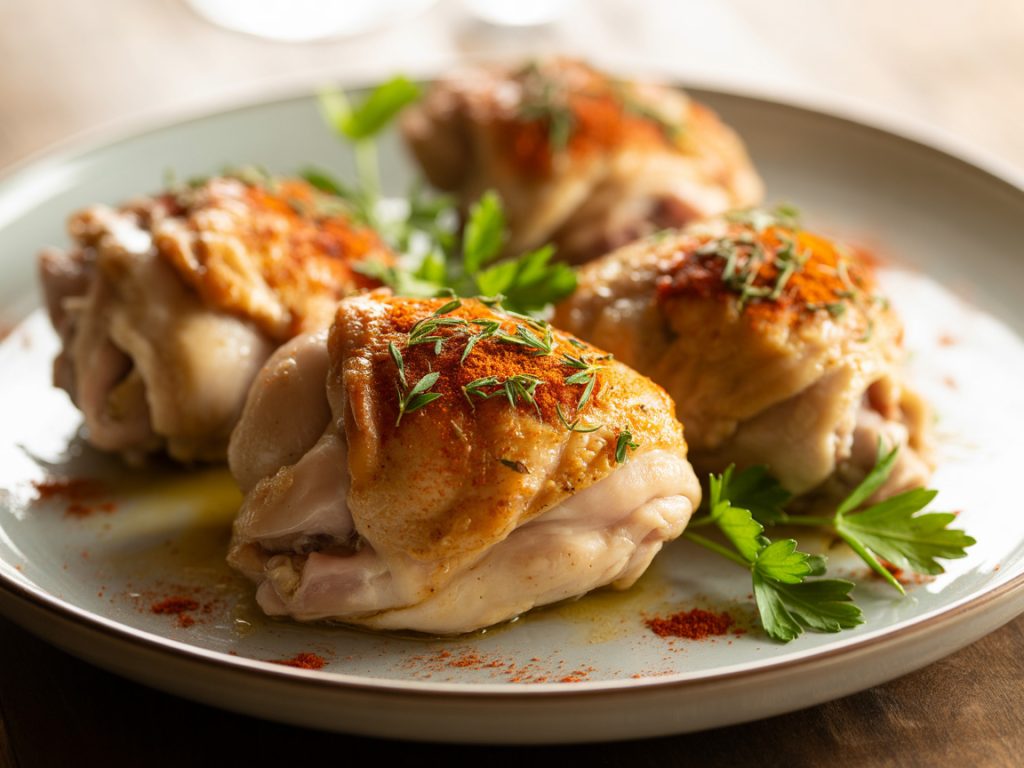 Golden brown crispy air fryer chicken thighs with perfectly seasoned skin on white plate