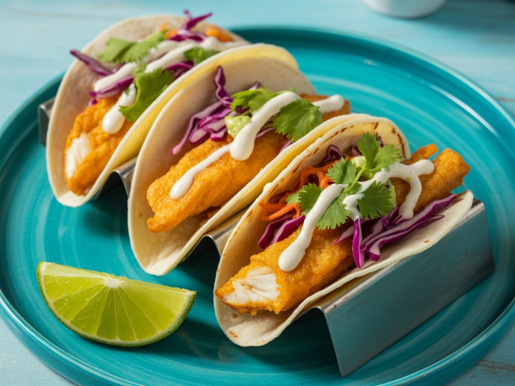 Air fryer fish tacos with golden breaded fish, cabbage slaw, and lime in soft tortillas