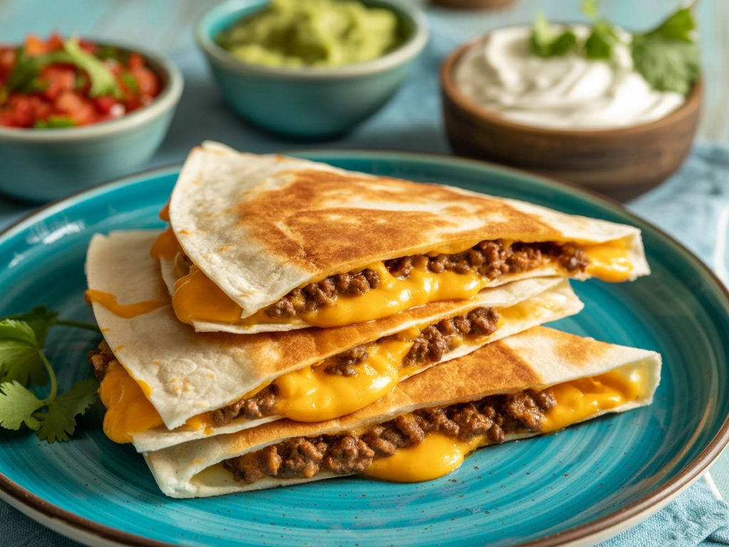 Golden crispy air fryer quesadillas cut into triangles with melted cheese visible inside
