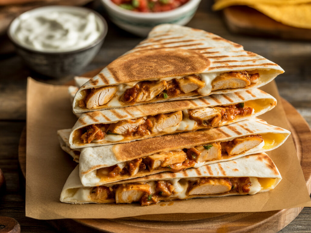 Golden-brown BBQ chicken quesadillas cut into triangles with melted cheese and side of sour cream