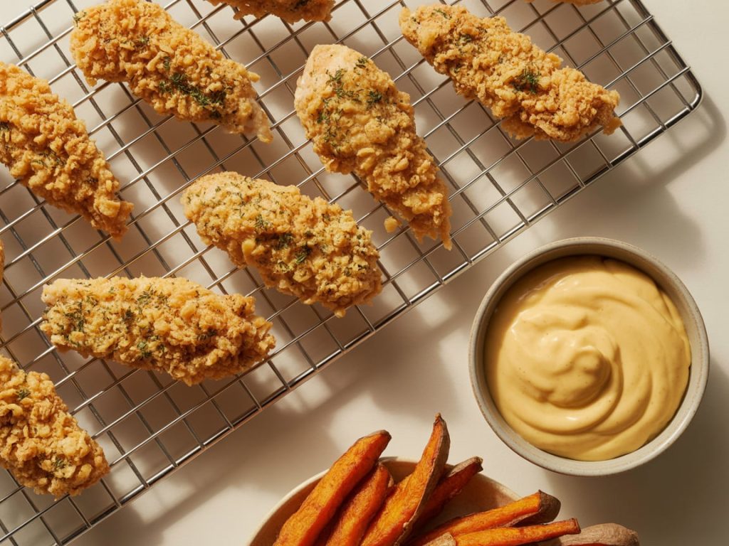 Golden crispy baked chicken tenders with panko coating on wire rack with dipping sauce
