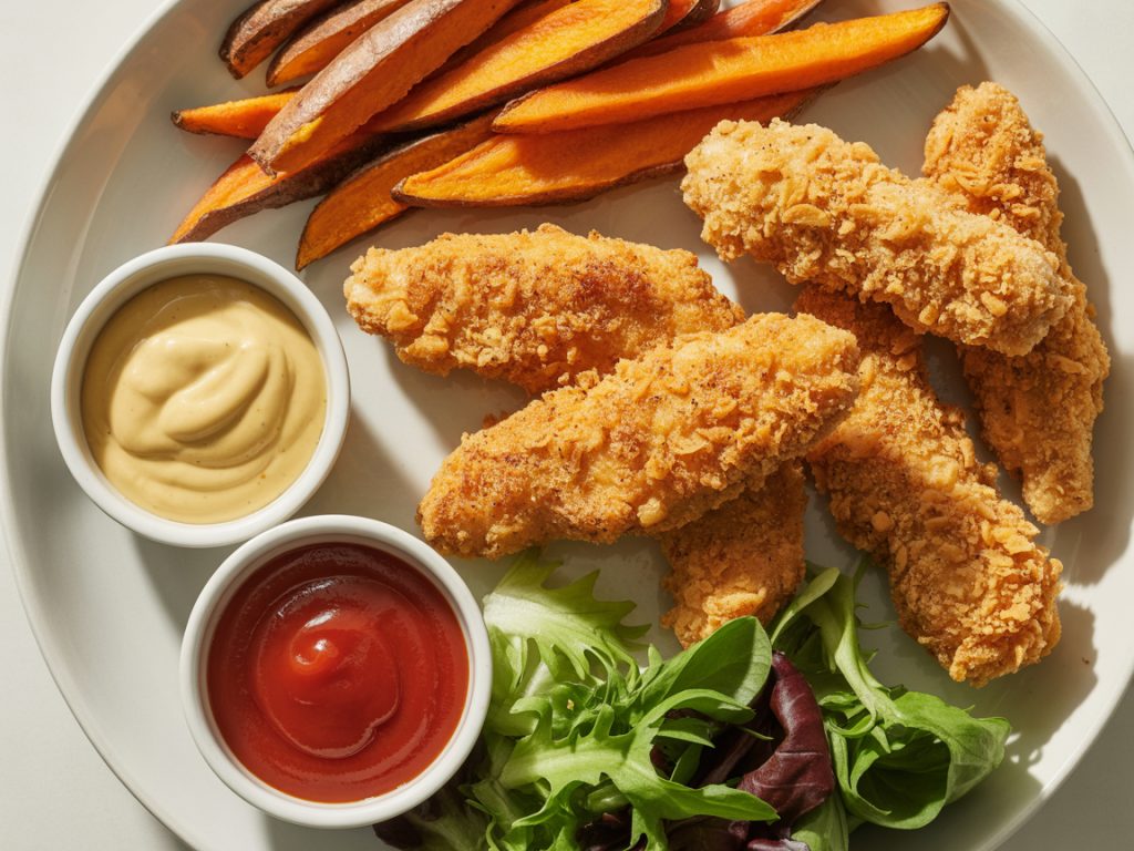 Golden crispy chicken tenders and roasted sweet potato fries on white plate with dipping sauces