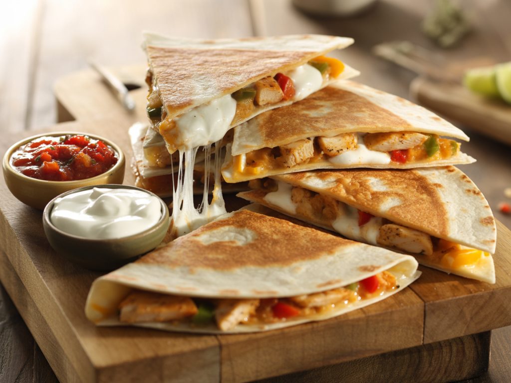 Golden crispy quesadilla filled with chicken fajitas and melted cheese, cut into wedges with sour cream and salsa