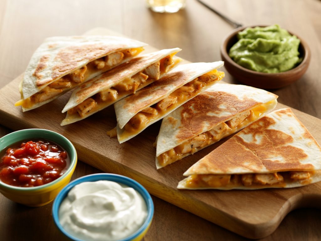 Golden chicken quesadillas cut into triangles with melted cheese and dipping sauces