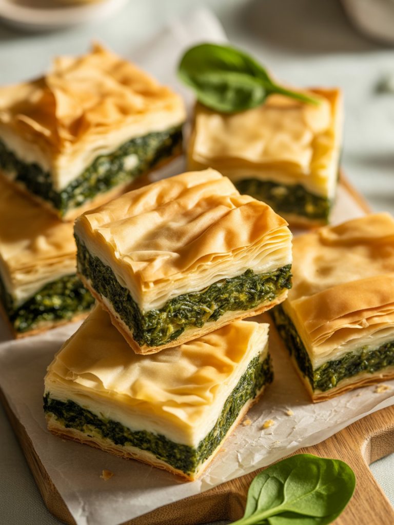 Golden flaky spanakopita with crispy phyllo layers filled with spinach and feta cheese