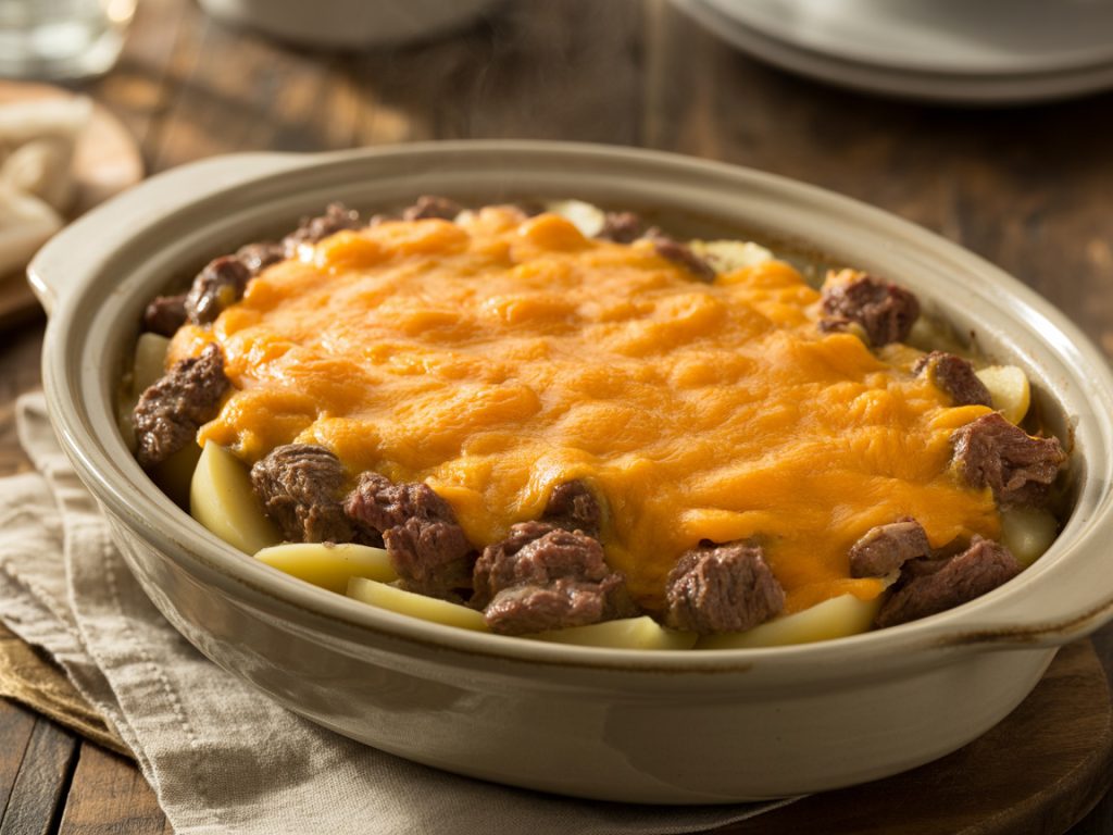 Layered crockpot beef and potato casserole with melted cheese topping