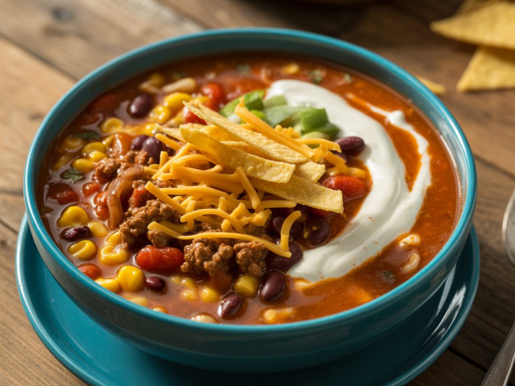 Colorful crockpot taco soup with ground beef, beans, corn, topped with cheese and tortilla strips