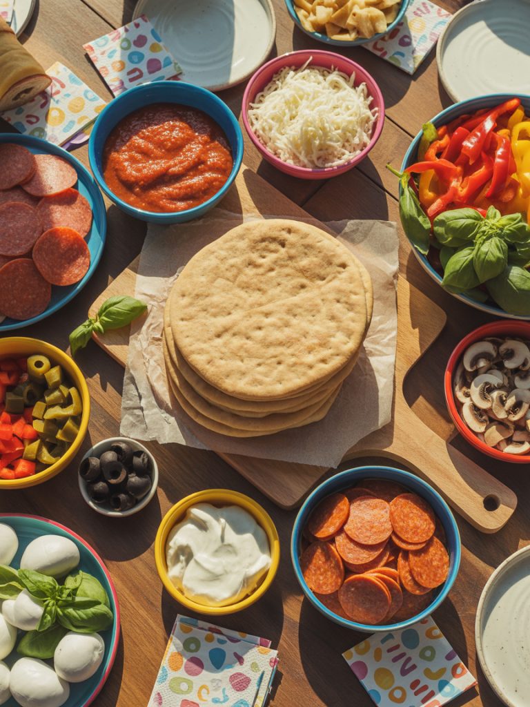Pizza party table setup with pita breads and bowls of sauce, cheese and various toppings for customization