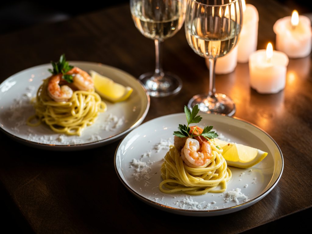 Two elegant plates of garlic butter shrimp pasta with wine glasses and candles for romantic dinner