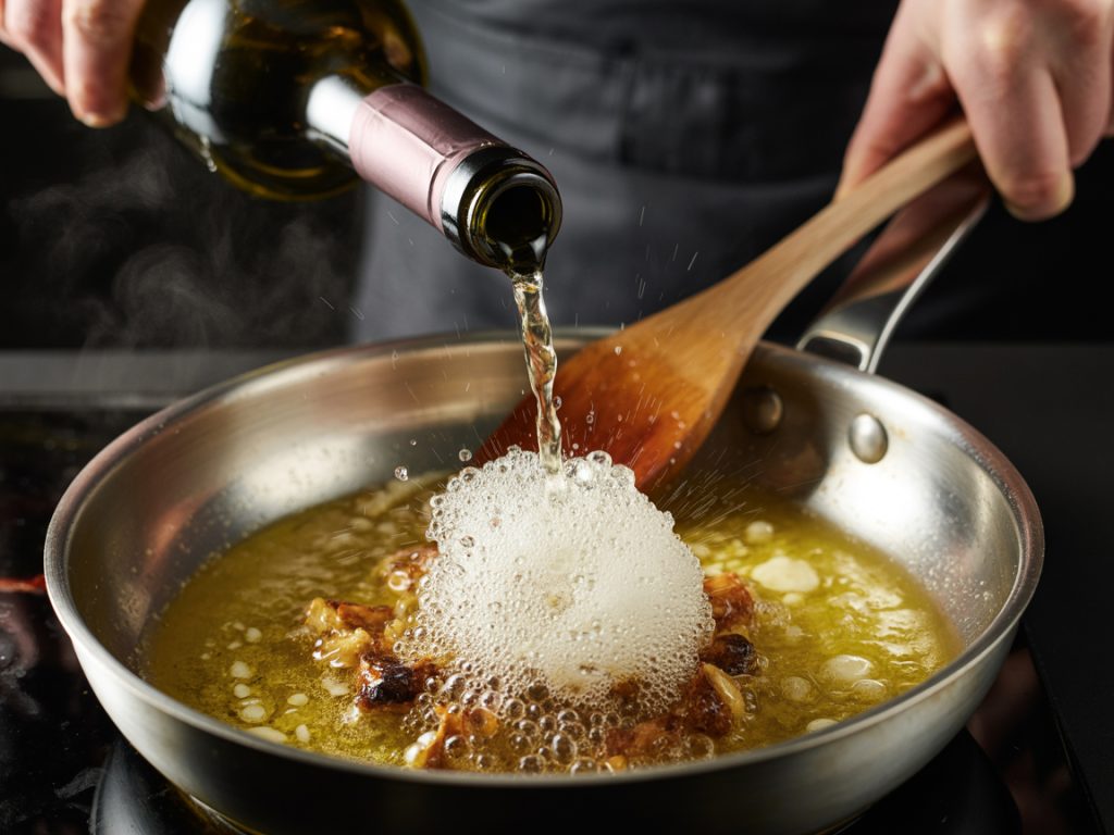 White wine being poured into hot skillet with garlic butter sauce creating steam and bubbles