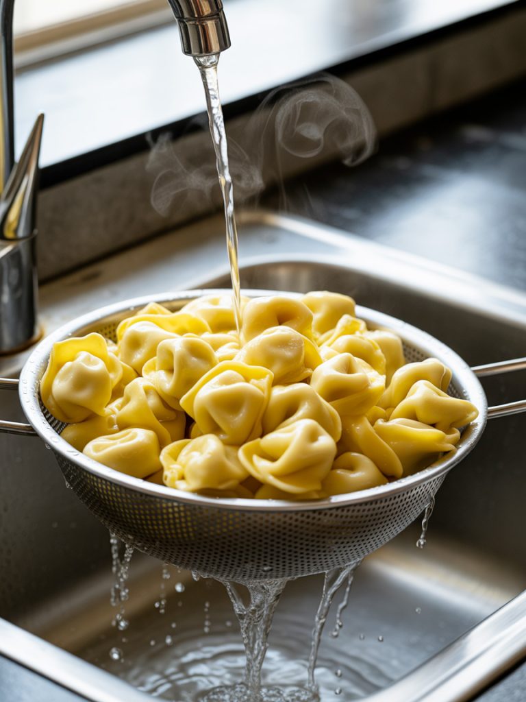 Hot cooked tortellini being drained in colander with steam rising in kitchen sink