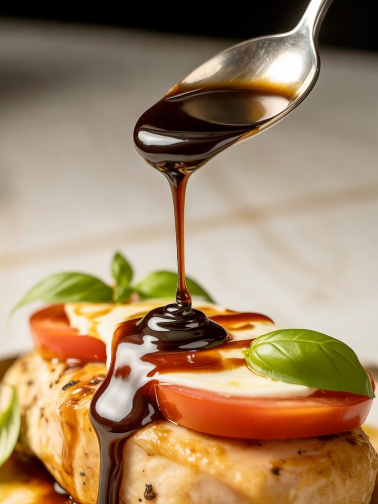 Thick balsamic glaze being drizzled in artistic pattern over Caprese chicken with melted cheese and basil