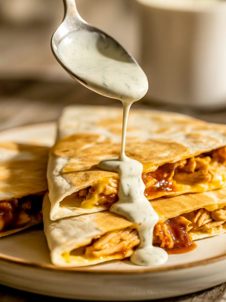 White ranch dressing being drizzled over golden BBQ chicken quesadilla wedges from spoon