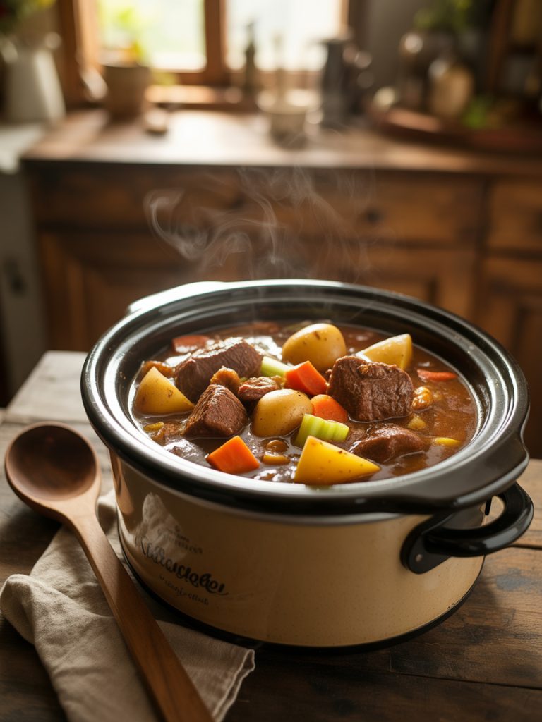 Hearty crockpot beef stew with tender meat chunks, potatoes and carrots in a slow cooker