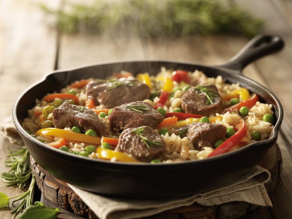 Ground beef and rice skillet with colorful mixed vegetables in large pan