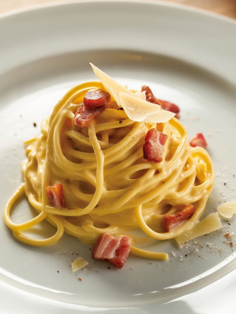 Creamy carbonara pasta with bacon, parmesan, and black pepper on white plate