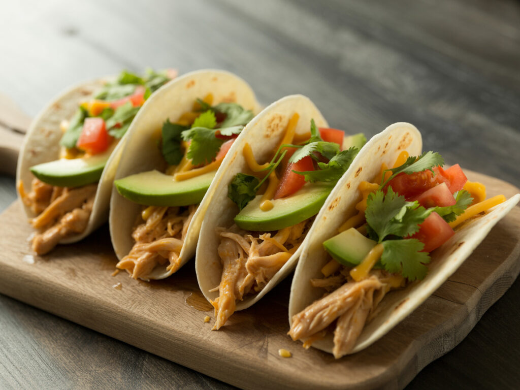 Shredded crockpot chicken tacos with fresh toppings and salsa in soft tortillas