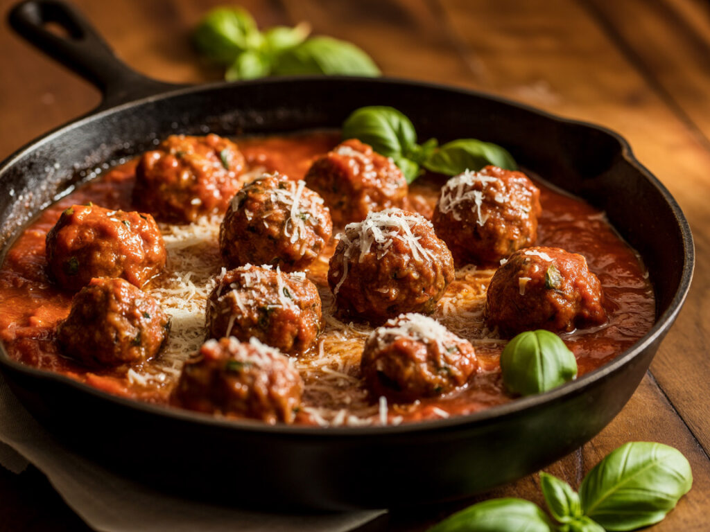 Tender meatballs in rich marinara sauce ready to serve over pasta