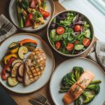 Colorful spread of healthy diabetic-friendly dinner dishes including grilled chicken, salmon, and fresh vegetables on wooden table