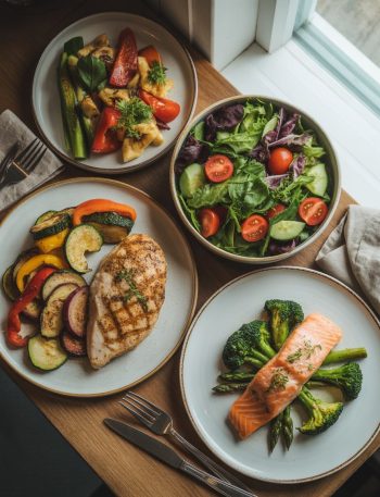 Colorful spread of healthy diabetic-friendly dinner dishes including grilled chicken, salmon, and fresh vegetables on wooden table
