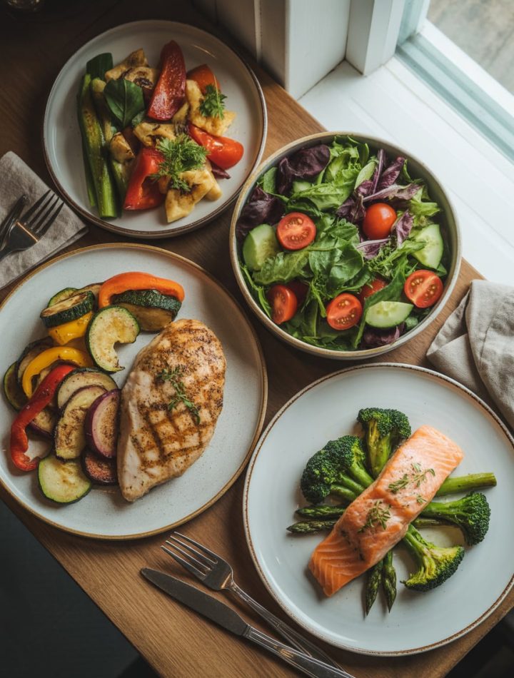Colorful spread of healthy diabetic-friendly dinner dishes including grilled chicken, salmon, and fresh vegetables on wooden table